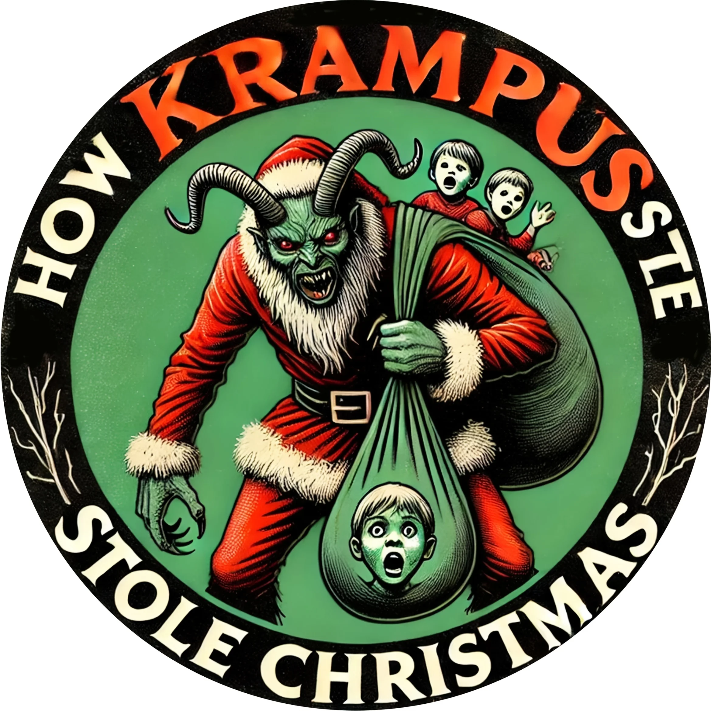 لافتة فنية جدارية من الألومنيوم 2D مسطحة، قطعة واحدة من Krampus، لوحة معدنية مستديرة مقاس 8 × 8 بوصة، مثبتة على الحائط، ديكور متين للمنزل والمكتب، داخلي