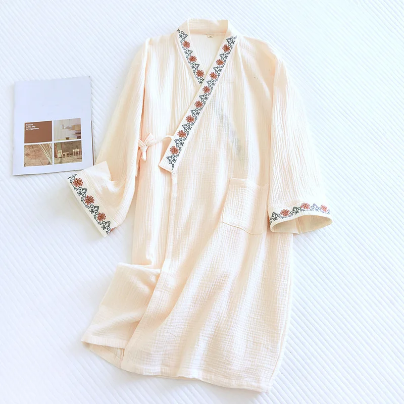 

National Style Lace-up Embroidered Nightgown Ladies100% Cotton Double Gauze Bathrobe Spring Autumn Pajamas Women's Sleepwear