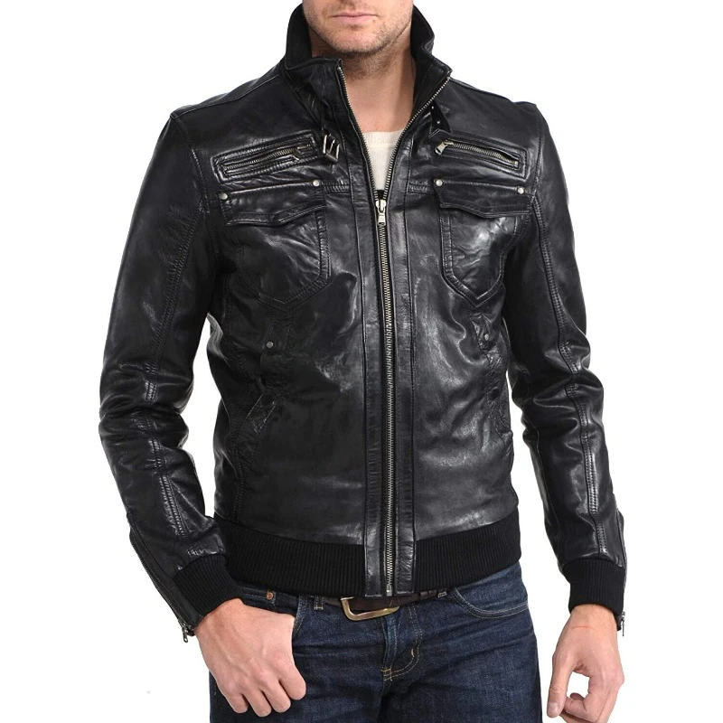 

Basic Men Authentic Sheepskin Pure Leather Biker Jacket Black Design Pocket Coat