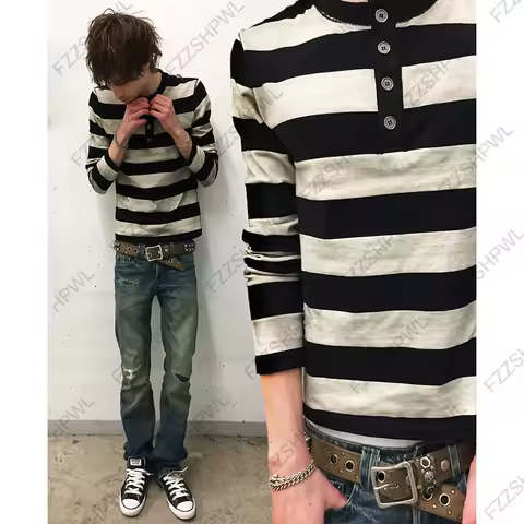 Vintage vibe Hip Hop Y2k Long sleeve Top Harajuku Grid print Streetwear Punk Long sleeve T-shirt Rock Goth Fashion Oversized Tee