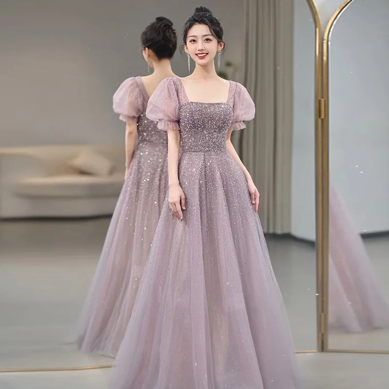 Vestido largo de fiesta de noche para banquete Niche 2025 nuevo velo de lentejuelas de gasa rosa cuello cuadrado con espalda descubierta vestido Formal elegante para mujer