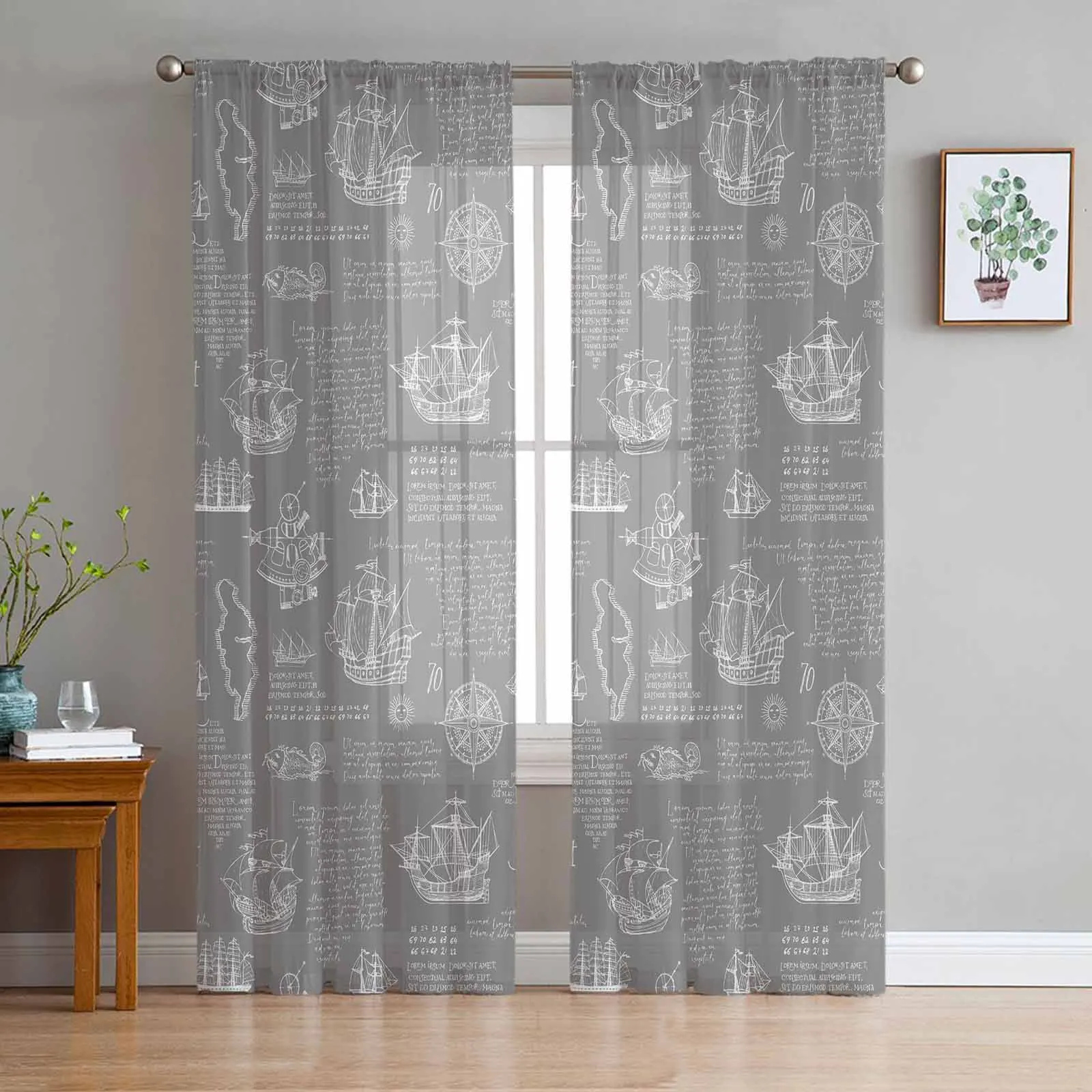 Nautical Boat Hand-Painted Retro Chiffon Sheer Curtains for Living Room Bedroom Decor Kitchen Window Voiles Tulle Curtain