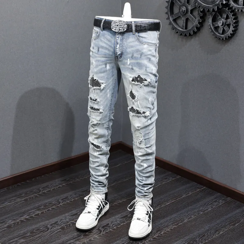 

Fashionable new light blue jeans with stretch, slim fit, washed, spliced leather, painted jeans designer, high street hip-hop br