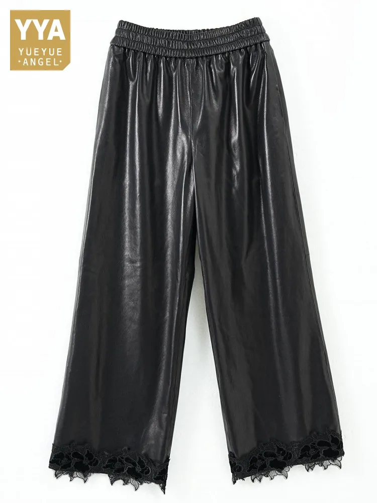 Elegant Women Autumn Lace Spliced Wide Leg Pants Comfortable Elastic Waist Sheepskin Genuine Leather Pants Loose Ankle Length