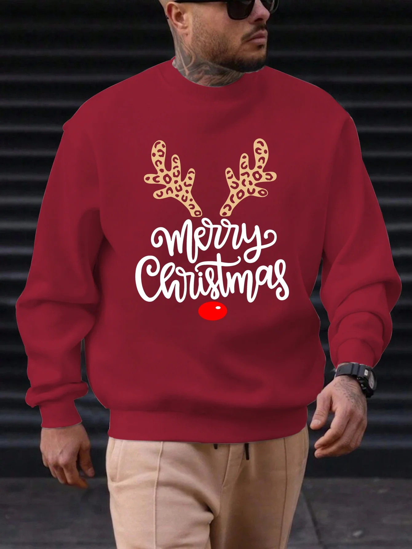 1pc Men'S Casual Christmas Sweatshirt, Polyester Knit Crew Neck Pullover with Merry Christmas Reindeer Print, Regular Fit Fashion Hoodie