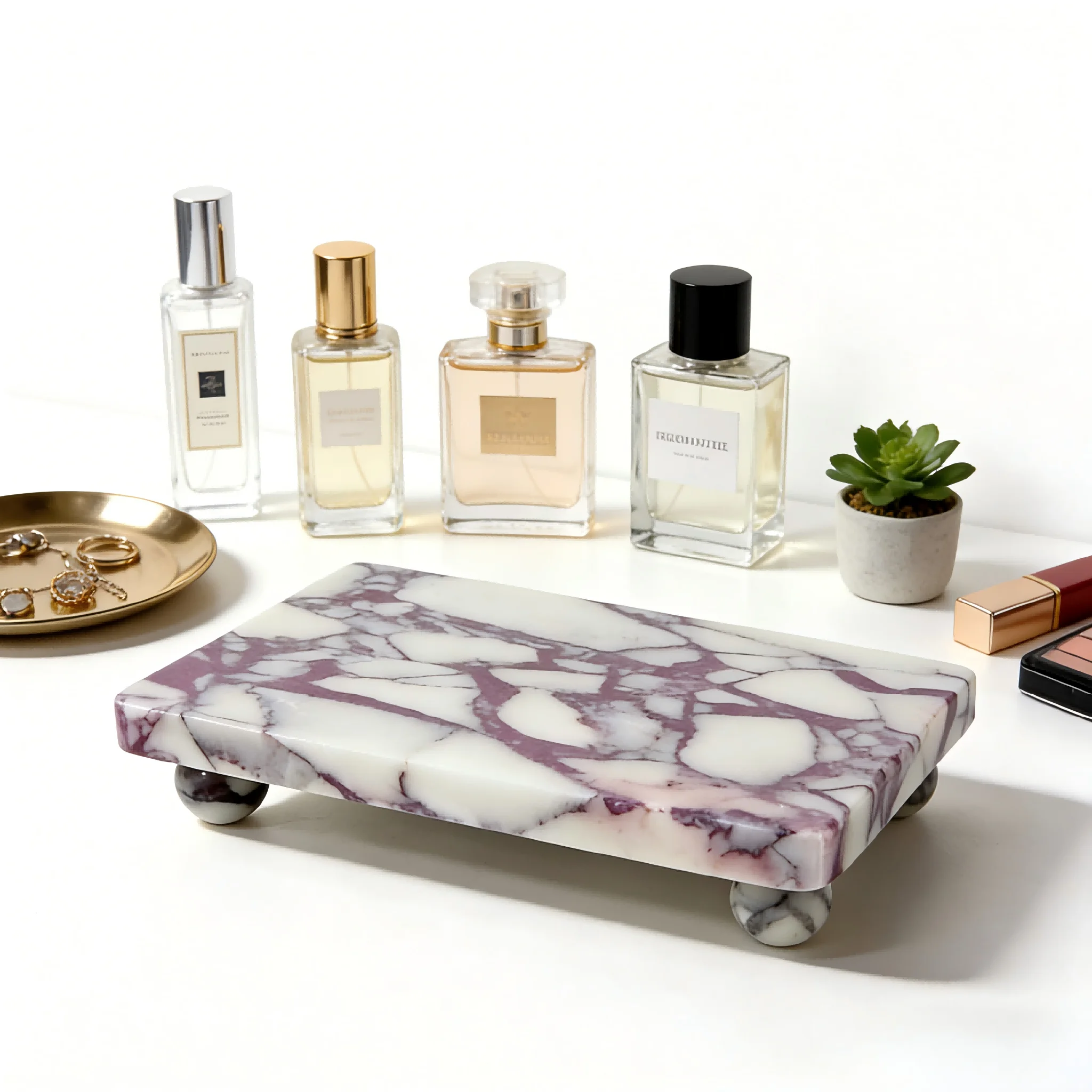 Raised Stone Tray 4 Sphere Feet, Rectangular Catchall Chamfered Corners, Water-Resistant for Soap Jewelry, Vanity Decor
