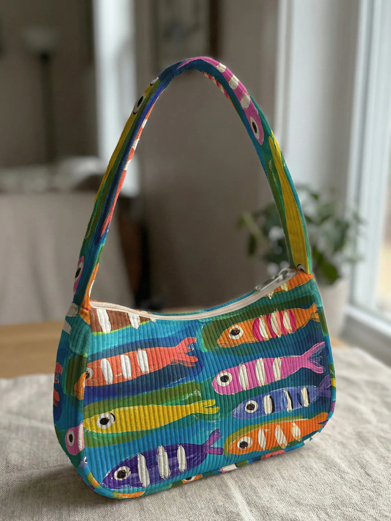 Trendy Colorful Fish Print Shoulder Bag, Corduroy Underarm Bag for Daily Casual Use