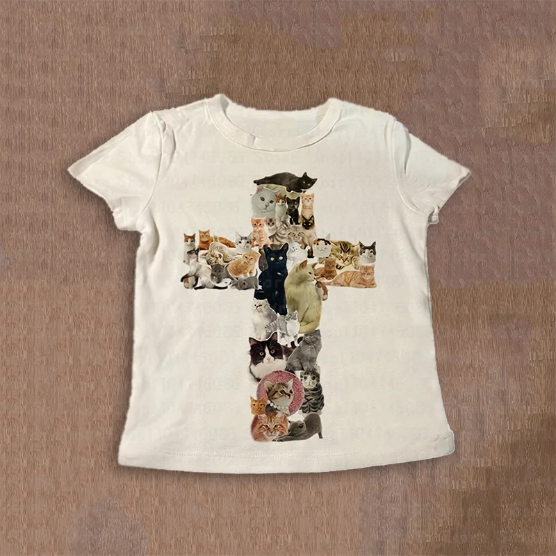 

Emo Y2K Cute Cross Cat Style Elf Street Gothic Decorative T-shirt Retro Printed Fairy Beautiful Cute short sleeved baby top