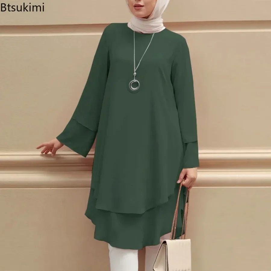 Neue Frauen Muslimischen Bluse Mode Zwei-schicht Design Elegante Weibliche Urlaub Partei Solide Hemd Tops Türkei Lange Robe Abaya hijab 2025