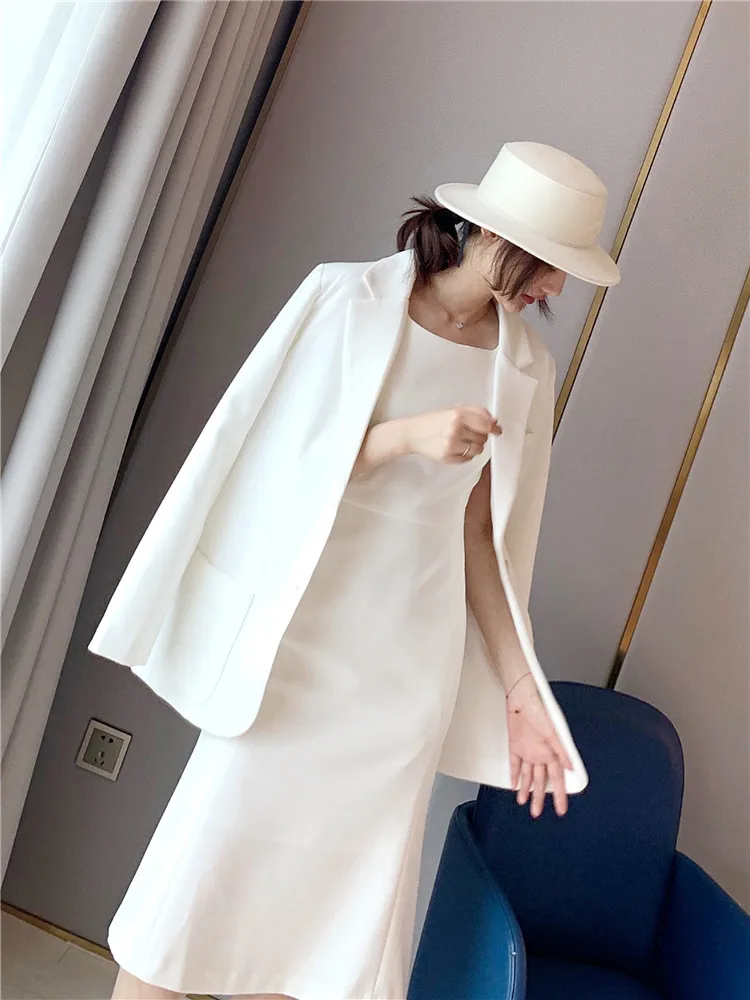 

Весенне-осенний повседневный свободный женский костюм с длинными рукавами, тонкая верхняя одежда, белый, больших размеров, деловой топ