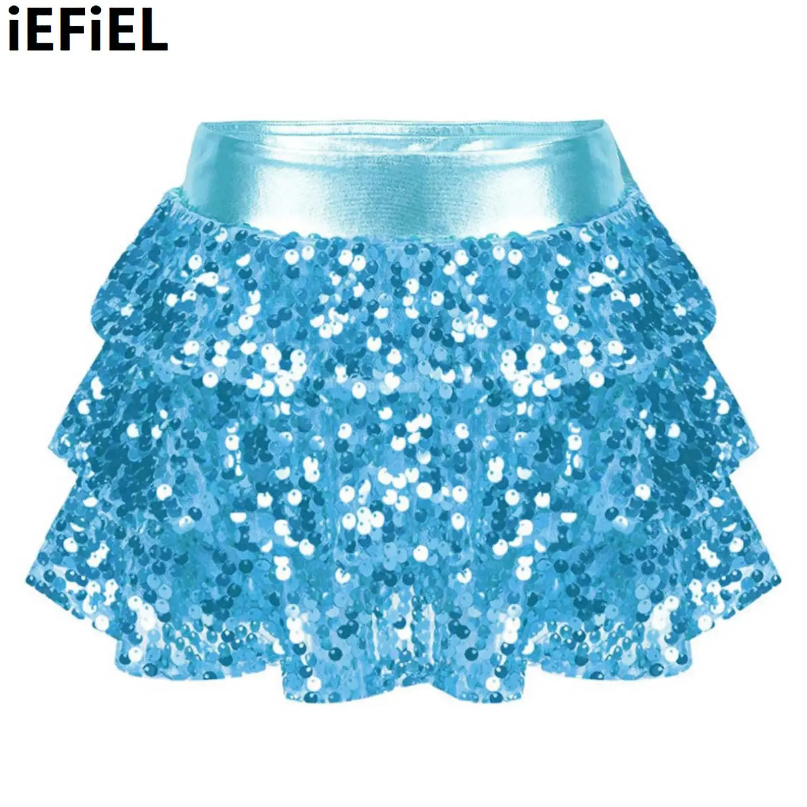 Kids Girls Metallic Shiny Sequins Dance Skirt Tiered Ruffle Shorts Elastic Waistband Culottes Dance Stage Performance Costume