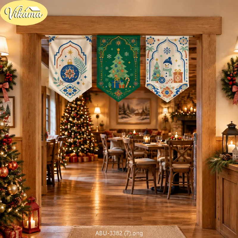 VIKAMA Christmas Fabric Triangle Banners, Bohemian Moroccan Triangle Banner Curtains, Festive Christmas Wall Decorations