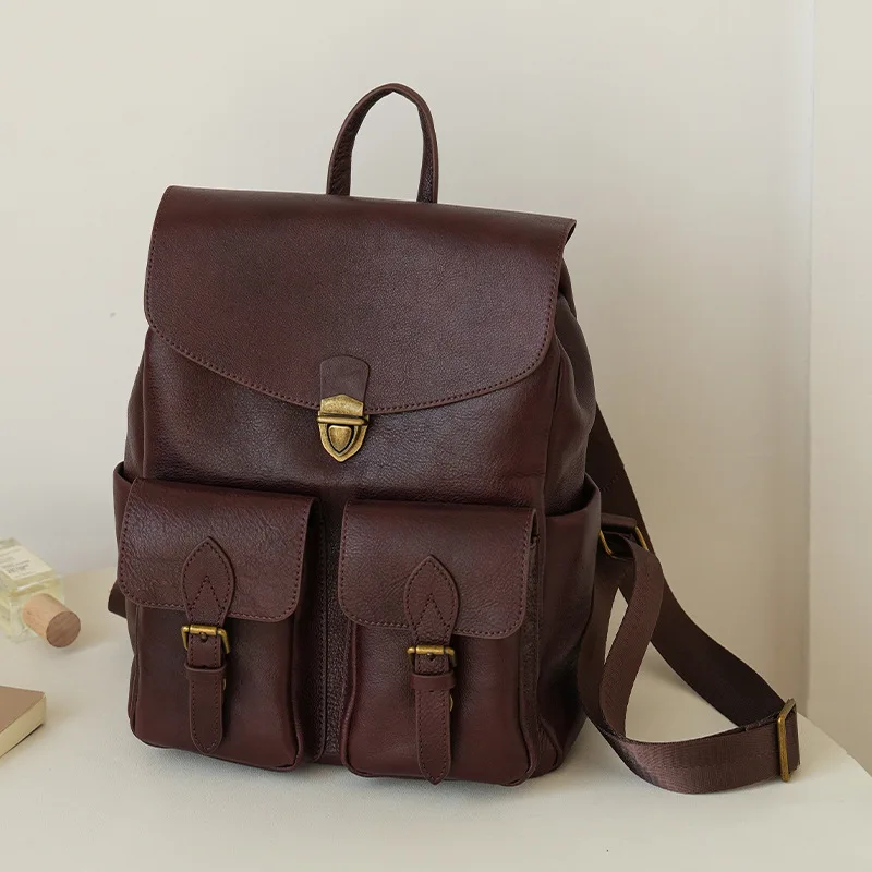 Full Grain Leather College Backpack Vintage Laptop Bag Casual Daypack for Women Large Capacity Hiking Traveling Rucksack SAC