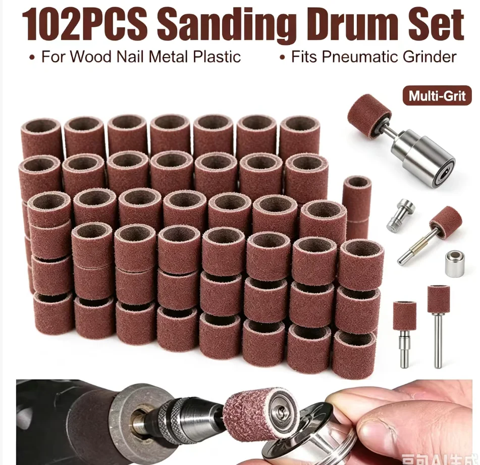 102pcs/set 80Grit Sanding Drums Kit Sanding Band 1/2 1/4 Inch Sand Mandrels Fit for Dremel Nail Drill Rotary Abrasive Tools