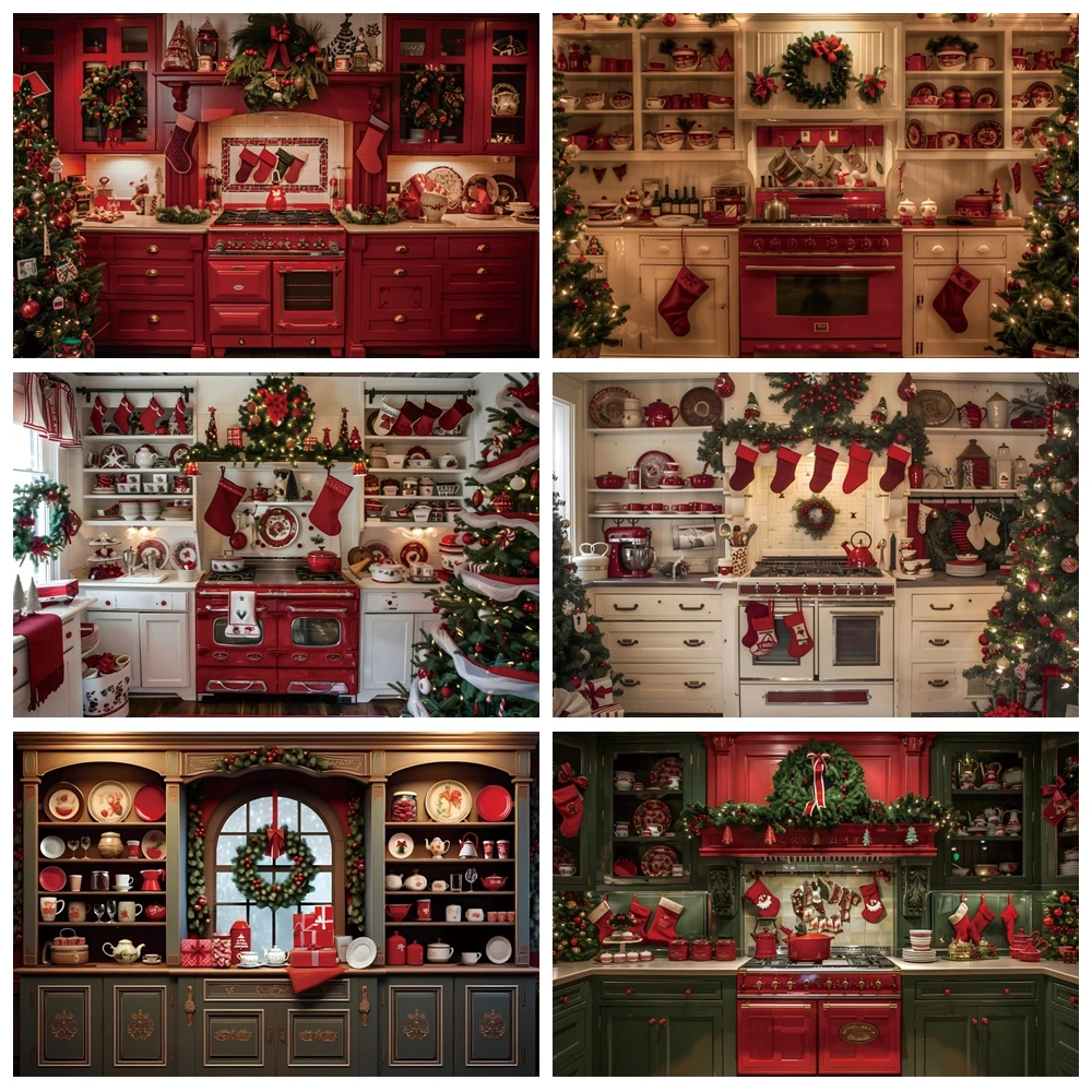 Christmas Kitchen Scene Photography Backdrop Red Sock Restaurant Cupboard Xmas Family Party Kids Portrait Photo Background Decor