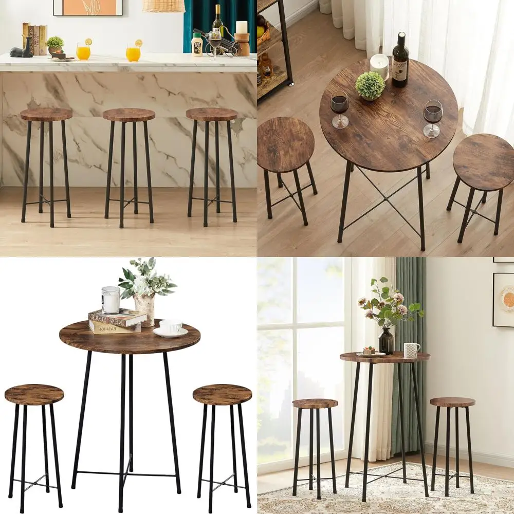 Small Bar Table and Chairs, Round Bistro Sets with 2 barstools, 3-Piece Pub Dining Furniture, Counter Height Wood Top for Breakf
