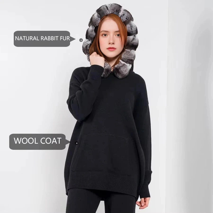 Suéter de punto de piel Real para mujer, jersey de moda de otoño e invierno, cuello de piel de conejo Rex Natural, Sudadera con capucha informal