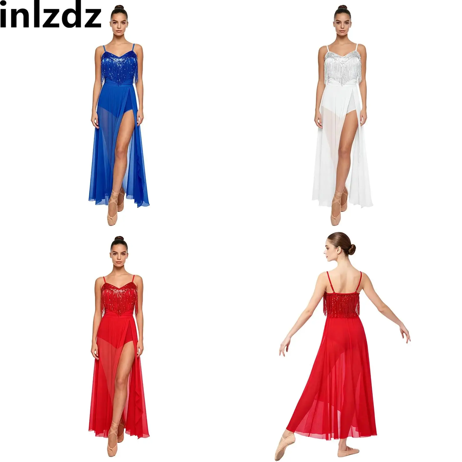 

Women Lyrical Side Split Dance Dress with Built-in Briefs Sequin Tassels Ruched Overlay Sheer Mesh Skirt Bodysuit Dress