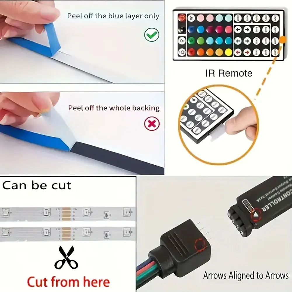 RGB USB LED Light 1-40meters LED Strip Lights Changing Remote Control 44key Control for TV Screen Desktop Backlight Decorative