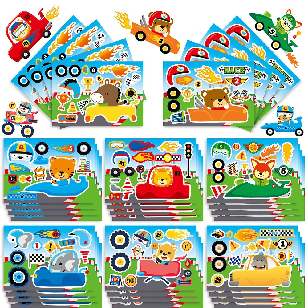 8/16Sheets Animal Racing Car Puzzle Stickers Decals Children Games Cartoon Assemble Jigsaw DIY Party Decoration Toy For Boy Girl