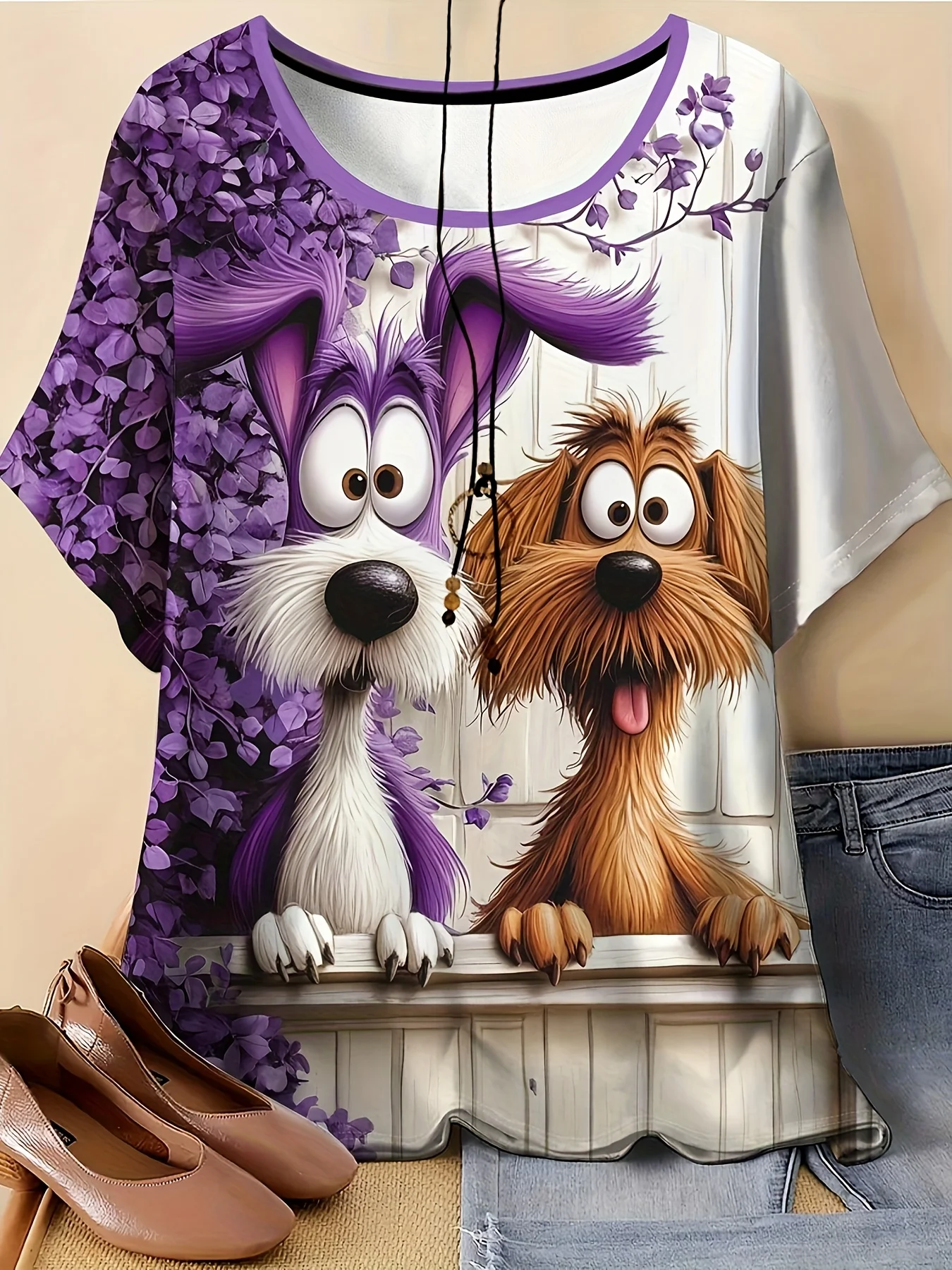 Women Crew Neck Short Sleeve T‑Shirt, Cartoon Two Cute Dogs Purple Hydrangea Floral Nature Animal Graphic Casual Summer Tee