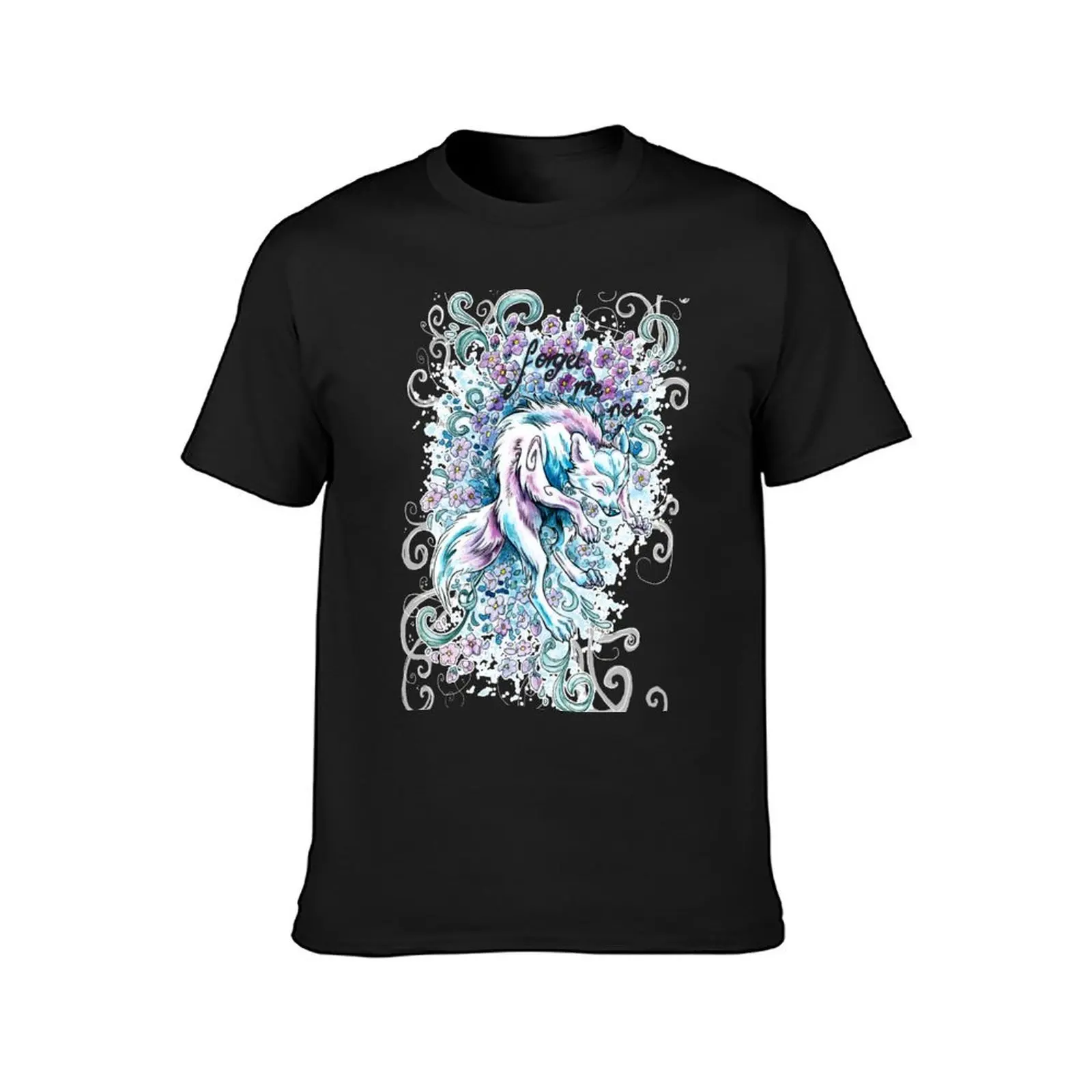 Forget Me Not - Arctic fox in flowers T-Shirt summer top anime blanks clothes for men