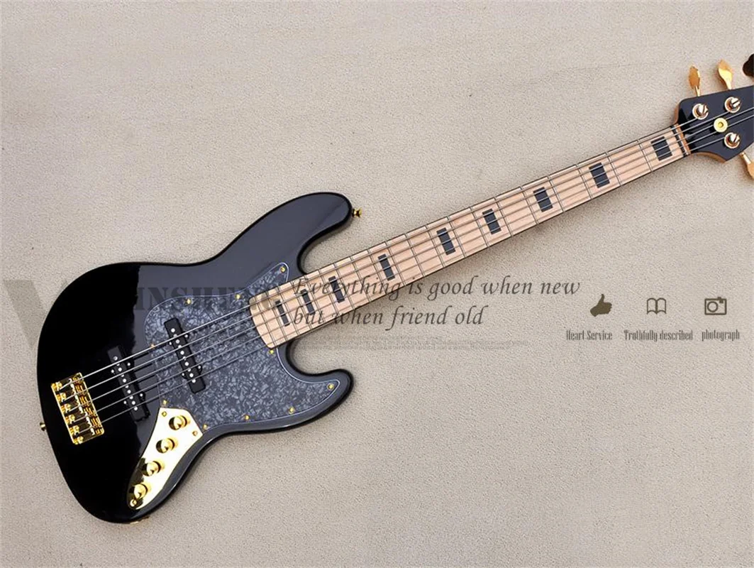 

5 Strings Bass Guitar Jaz Black Bass Basswood Body Maple Fingerboard Gold Tuners Fixed Bridge Black Pearl Pickguard