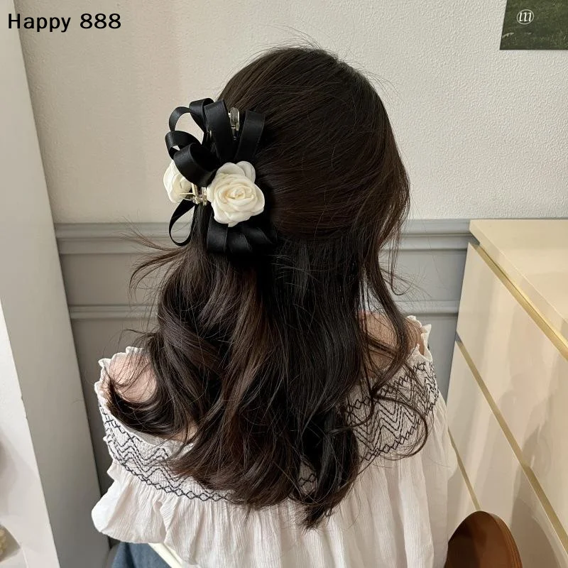 Black-and-White Camellia Bow Hairpin — Elegant French-Style Shark Clip For Women