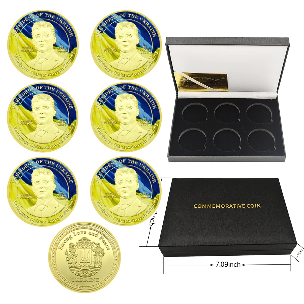 

6pcs / Box Zelensky Gold Coin Ukrainian President Coin Certificate Protection Box Set Gold Plated Metal Craft Custom Wholesale