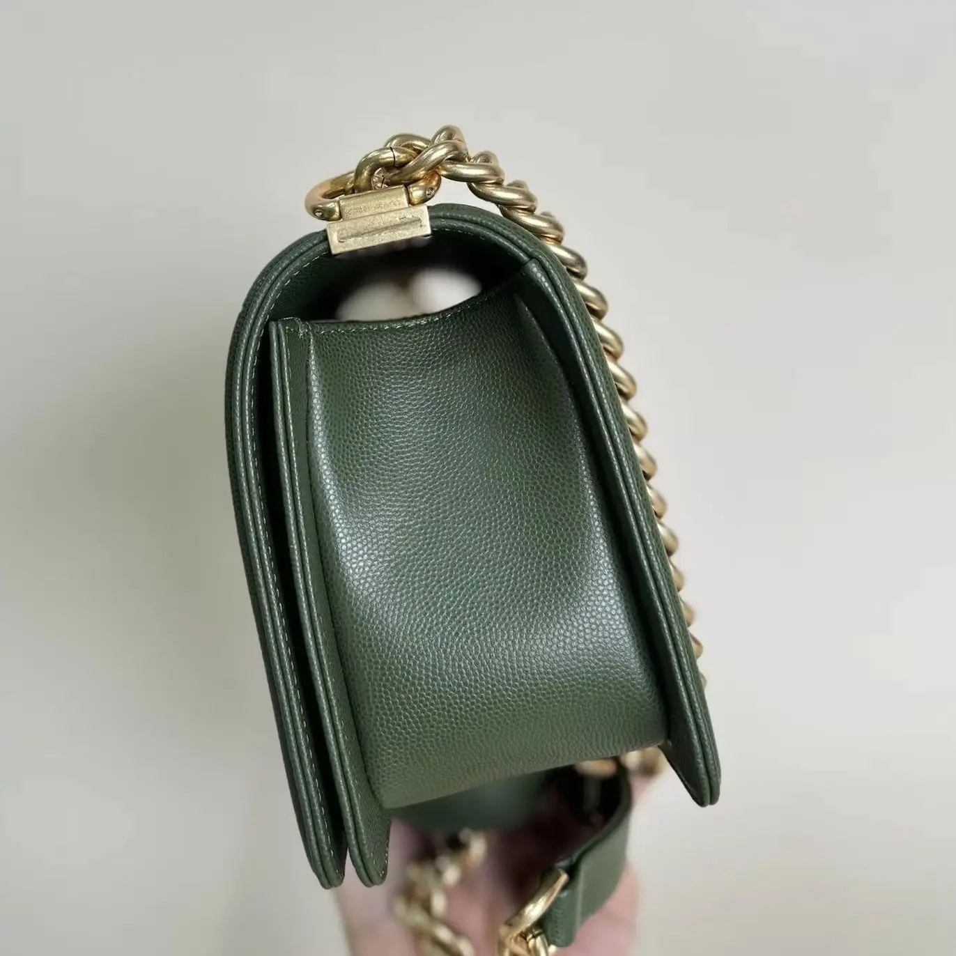 Army Green Chevron Quilted Caviar Leather Flap Crossbody Bag Vintage Gold Twist Lock Thick Interwoven Chain Strap Medium Rectangular Women Elegant Shoulder Handbag.