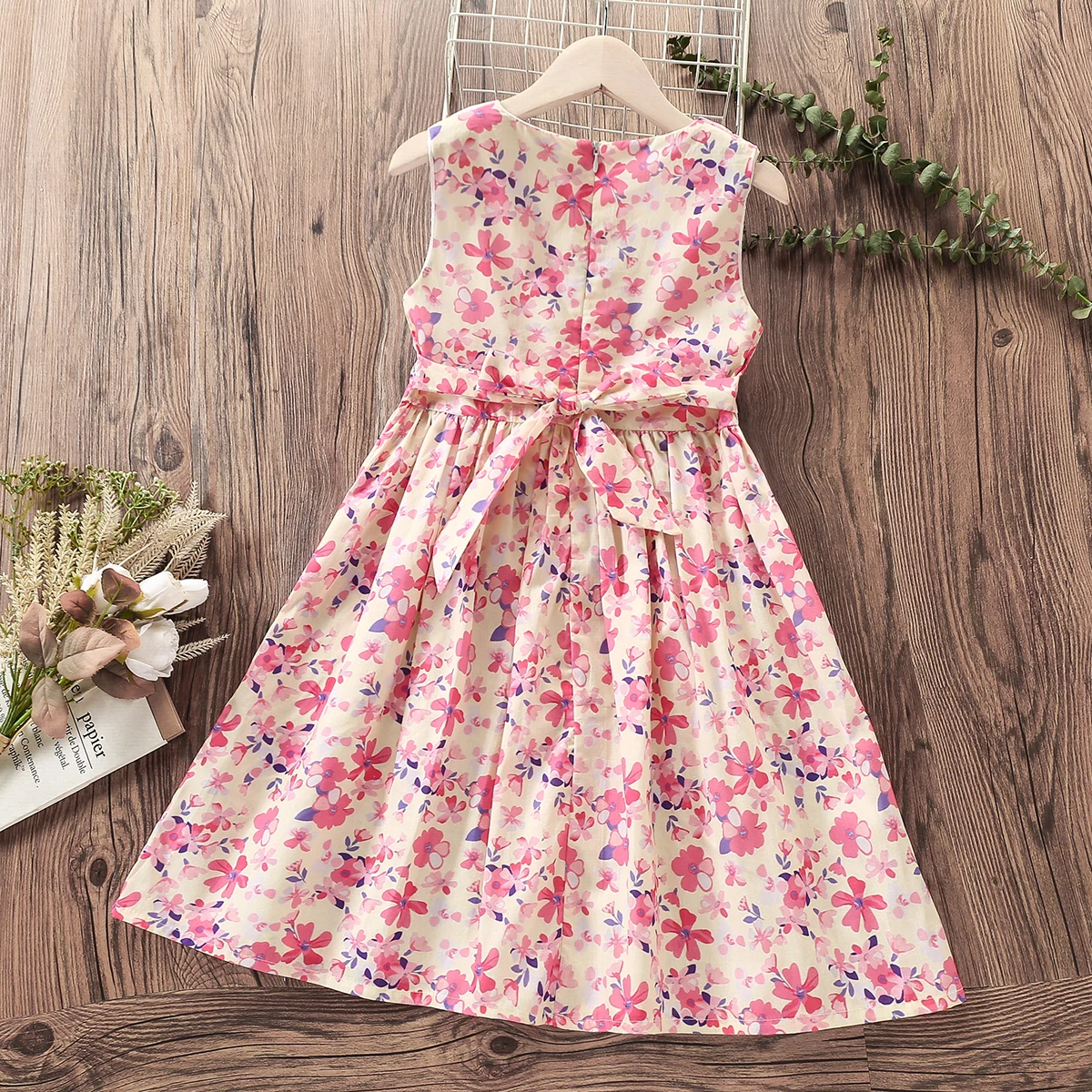 Summer Kids Pink Flower Dresses for Girls Clothes Baby Outfits Princess Teenagers Sleeveless Children Beach Costumes 4-12 Years