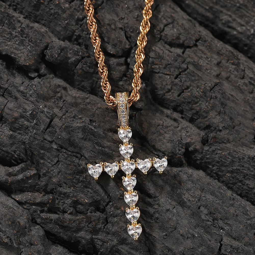 Heart Shape Cross Bling Bing Iced Out Pendant Necklace Rock Rapper Fashion Hip Hop Jewelry BP272