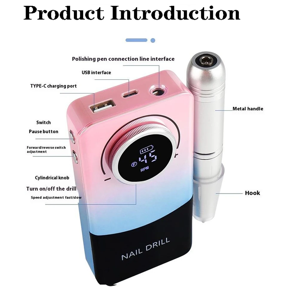 آلة حفر الأظافر 45000 دورة في الدقيقة أداة تلميع الأظافر الكهربائية القابلة لإعادة الشحن لإزالة جل الأكريليك