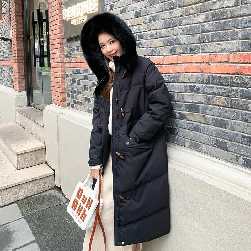 New Women Down Jacket Winter Coat Female Mid Length Version Parkas Loose Thick Warm Outwear Hooded Real Fur Collar Overcoat