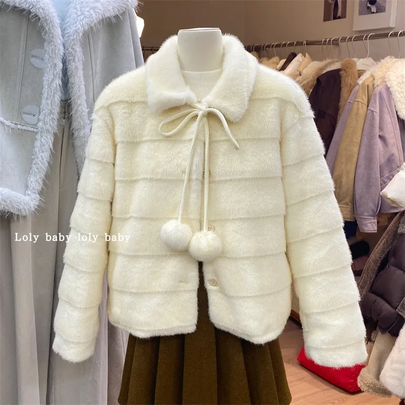 

Women's Elegant Faux Mink Hair Thick Warm White Duck Down Coat Lady Sweet Solid Color Fluffy Long Sleeve Faux Fur Down Outwear