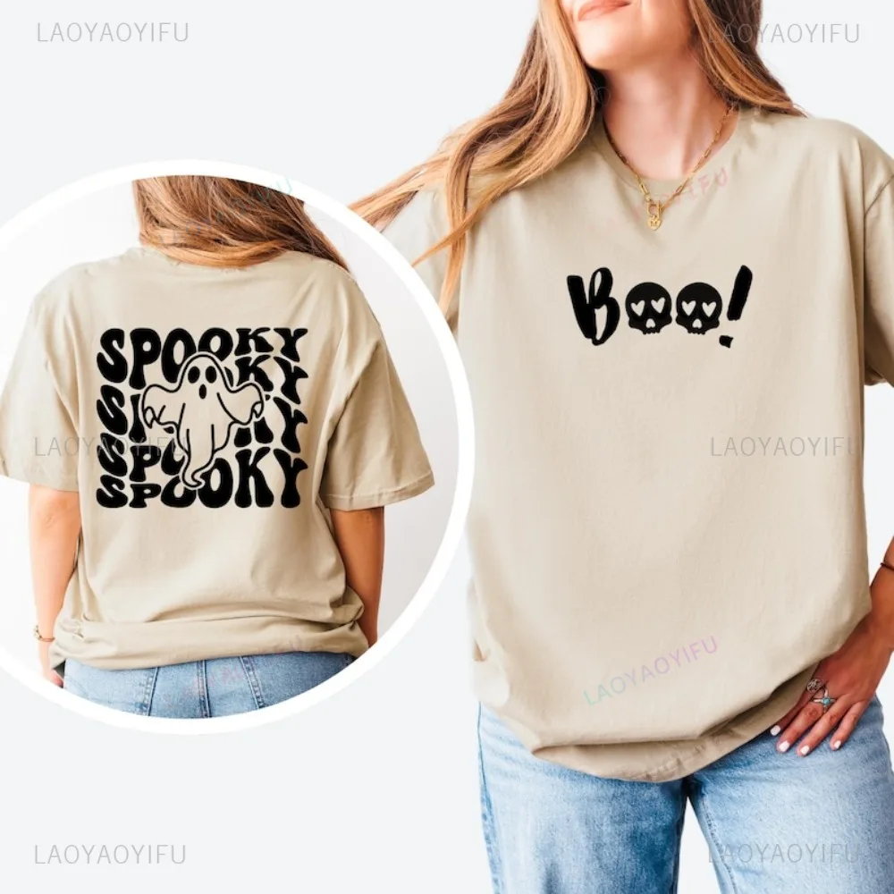 Double Sided Cute Boo Spooky Ghost Halloween TShirt Spooky Season Retro Graphic Printed Women Streetwear Hip Hop Man T-shirt