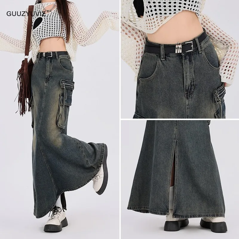 

GUUZYUVIZ-Women's Fishtail Pleated Denim Skirt, Split Pocket Skirt, High Waisted