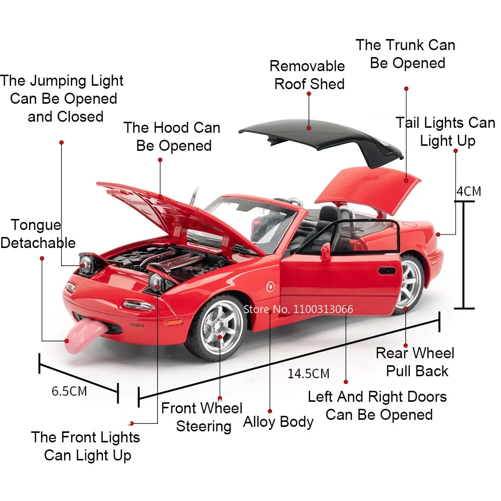 1:32 Alloy Diecast Mazda MX-5 Models Cars Toy with Light Music Pull Back Vehicle 4 Doors Opened Miniature Car Toddler Kids Gifts