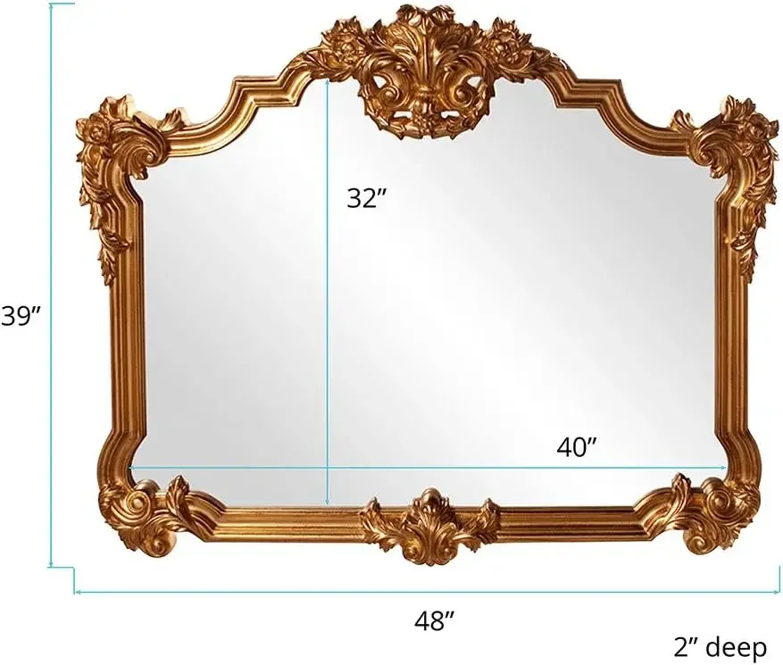 Ornate Mirror for Wall Focal Point with Decorative Flourishes, Rectangular Vanity Bedroom Wall Mounted Mirror,Resin Frame