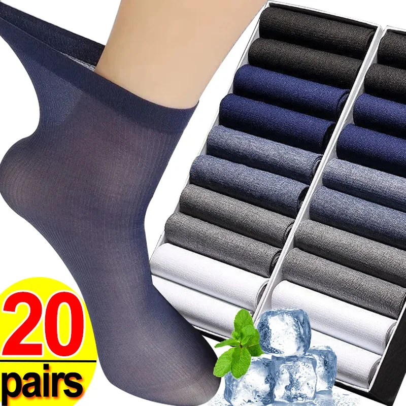 40PCS Breathable Men Socks Summer Ultrathin Bamboo Fiber Stripe Long Sock Silk Sports Stockings Antibacterial Business Socks Sox