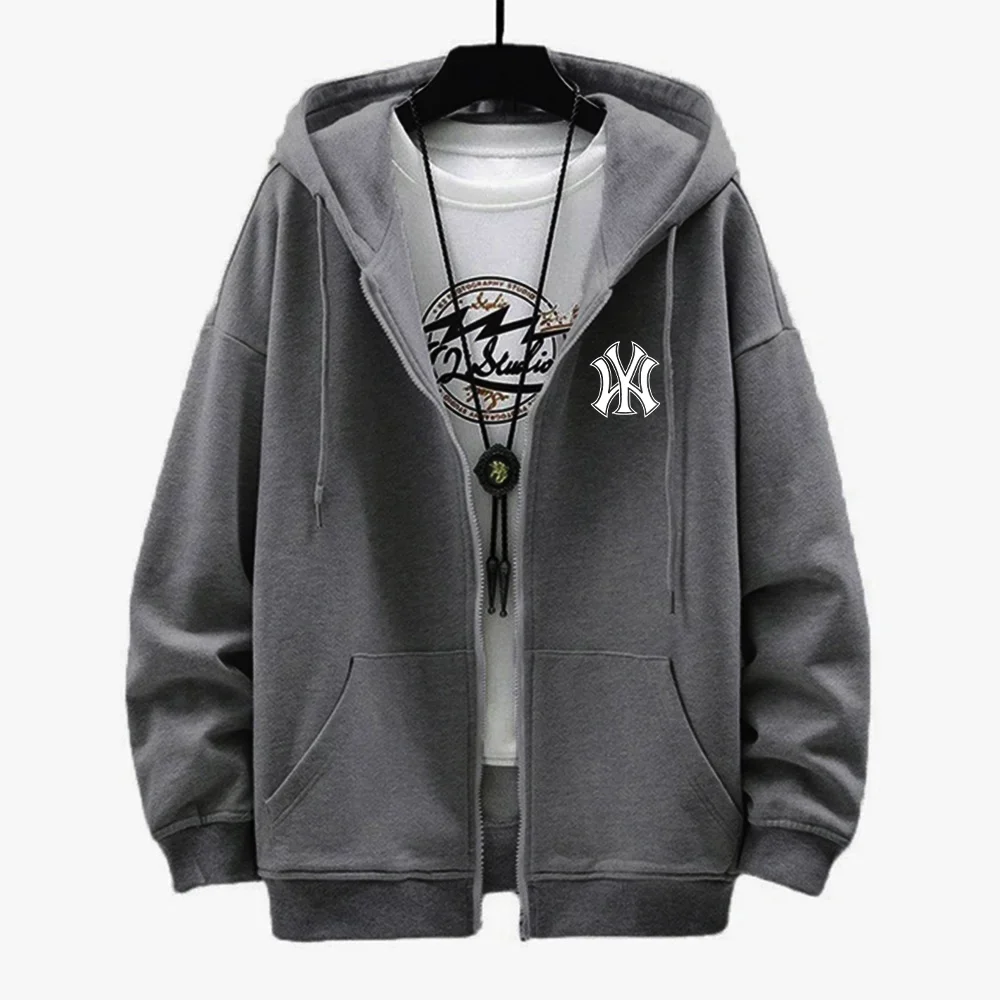 

Men's street style zipper coat, oversized clothing, fashionable sweatshirt, solid color printed, outdoor sports loose top