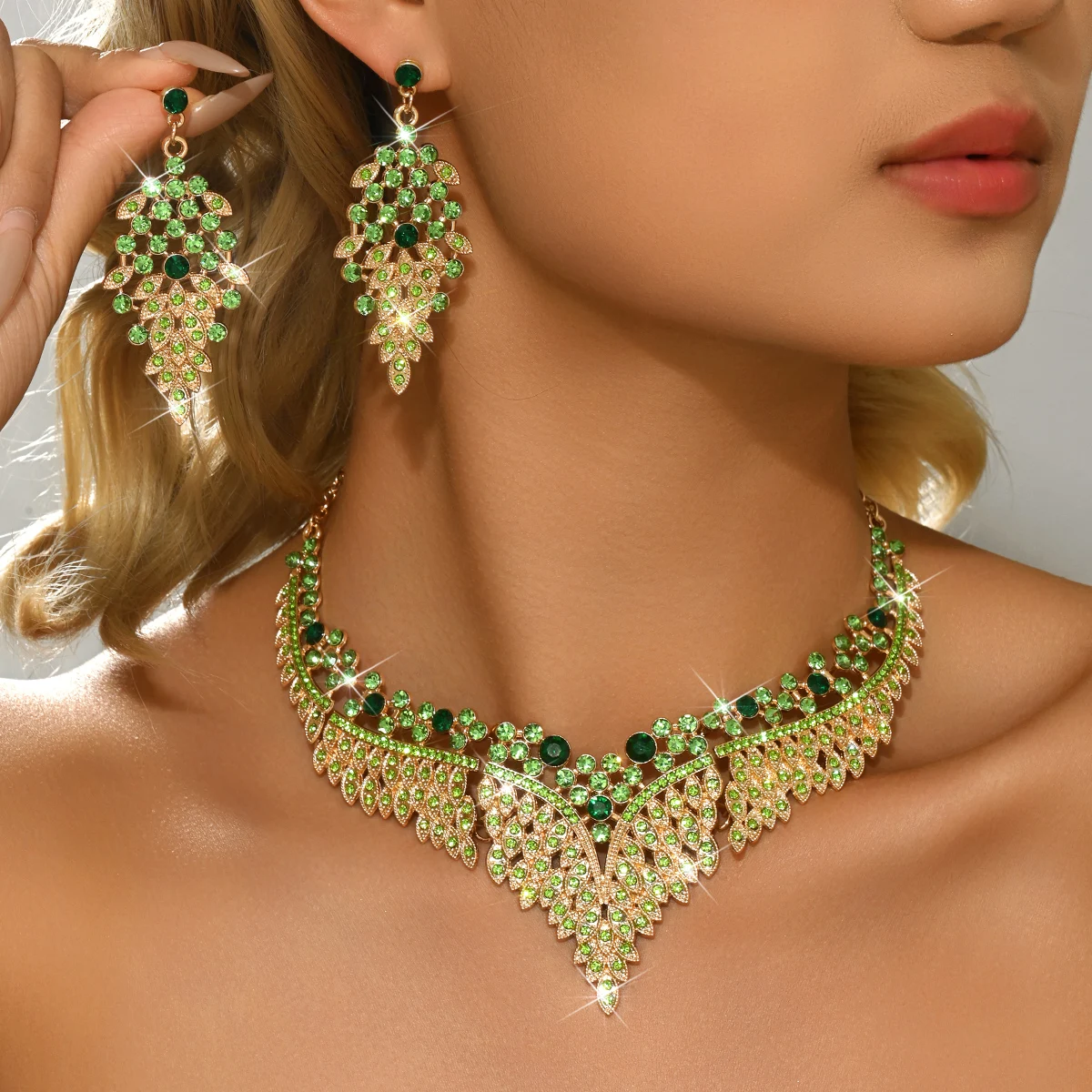 Damen Mehrfarbiges Diamant-Extravagantes Halsketten- und Ohrring-Set (2-teilig) für Bankett, Ball und Partykleid mit Accessoires – Detail 8