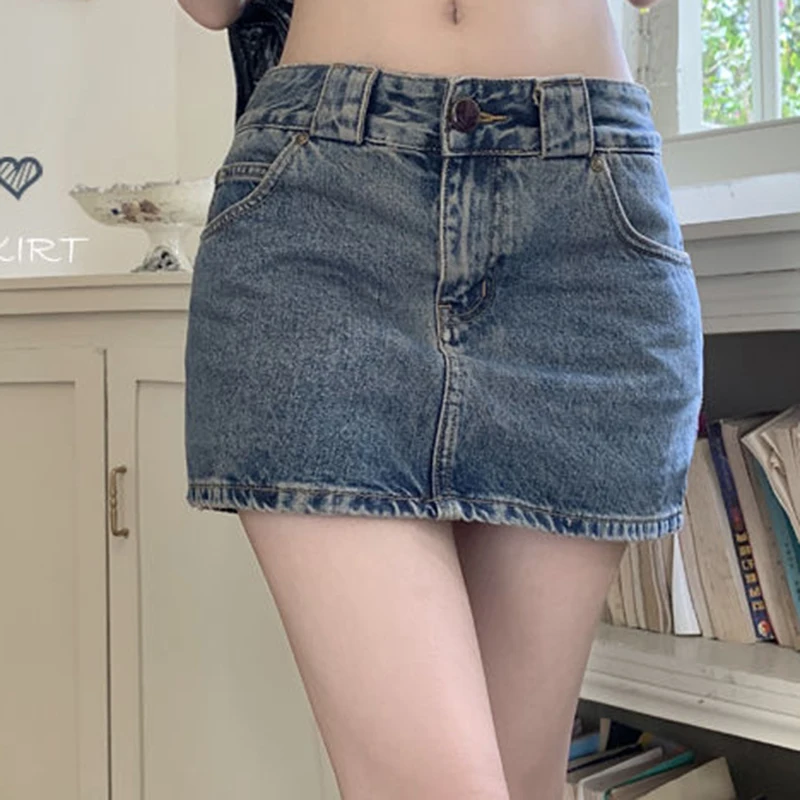 

Anti glare denim skirt for women's summer low waisted A-line buttocks short skirt women clothing Slim Fit