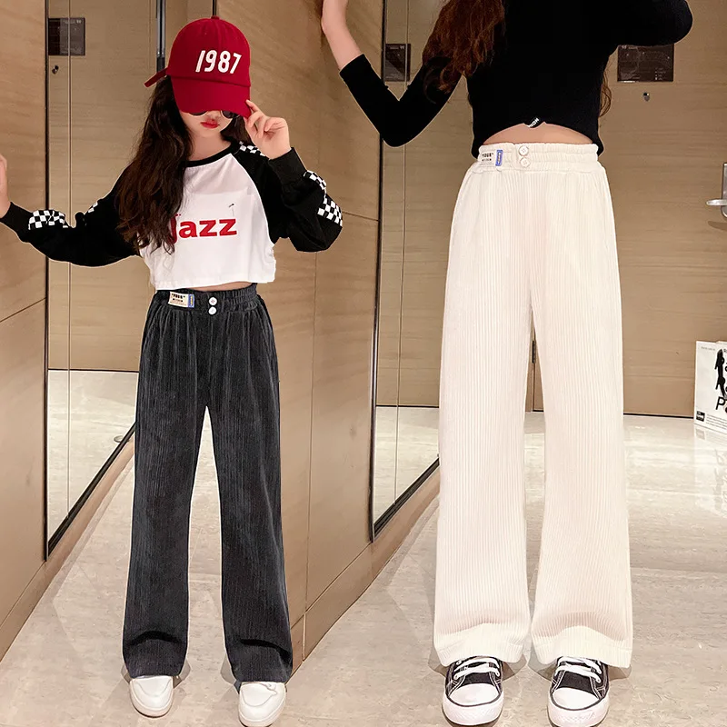 Girls' Casual Straight-leg Long Pants for Children's Autumn and Spring, Children's Autumn Chenille Casual Long Pants