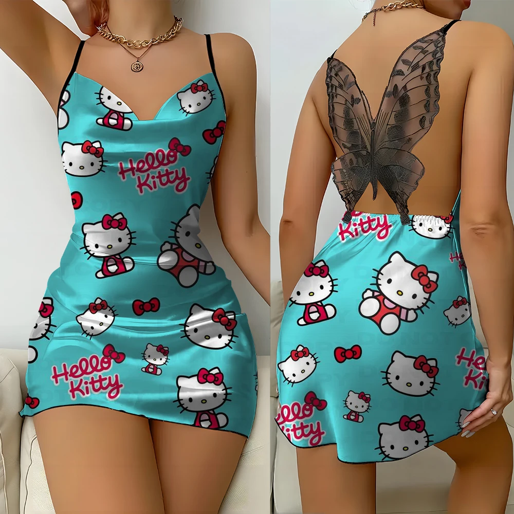 Women's comfortable suspenders nightdress Hello Kitty print summer V-neck sexy butterfly lace backless sexy nightgown