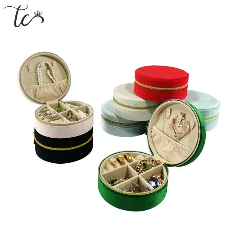 Velvet Round Zipper Jewelry Storage Box, anel, brincos, colar, pingente, broche, Display, armazenamento em casa