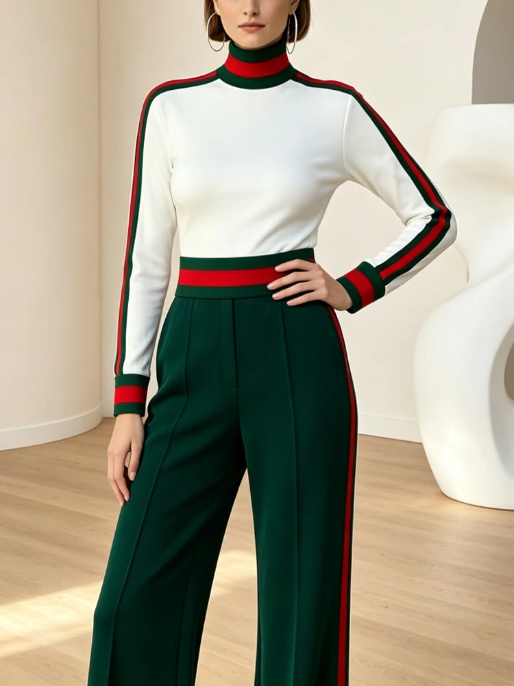 Modigirl Women's Skinny Retro High Neck Top 2026 Spring Green Red Striped Slim Long Sleeve Elegant Fashion Office Ladies T-Shirt