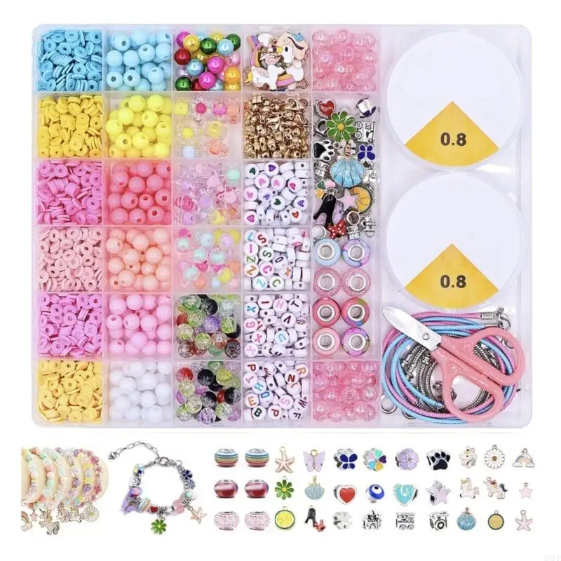 XXFE Bracelet Making Jewelry Box for Kids Crafts, Different DIY Set with Pink White Pieces, Round Different Star