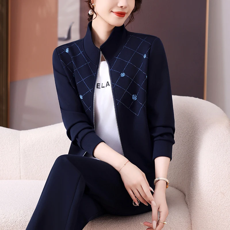 

Модный спортивный костюм для женщин среднего и старшего возраста: осенняя верхняя одежда, повседневный комплект больших размеров, топ на молнии, полиэстер