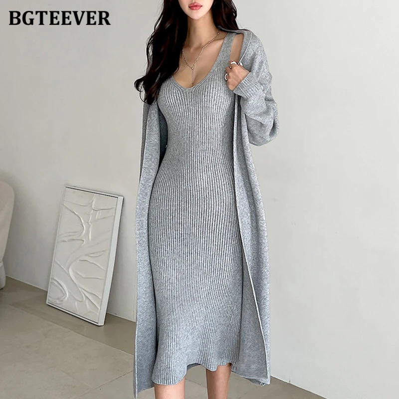 BGTEEVER Elegant Ladies Knitted Dress Set Long Knitted Cardigans Women V-neck Bodycon Sweater Dress Autumn Winter